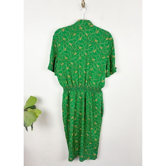 Vintags 80s Ms Chaus Green Gold Chain Print Midi Dress Sz 12 - Picture 2 of 10